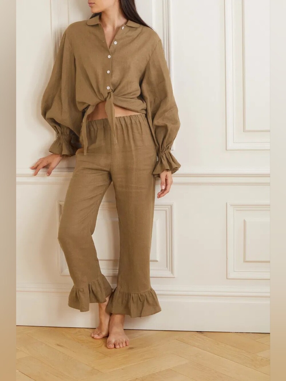 Sleeper Rumba long sleeve button down and pant set brown 100% organic linen sm